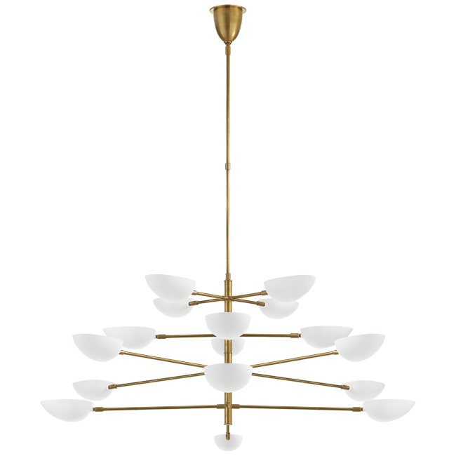 Graphic Grande Four-Tier Chandelier in Hand-Rubbed Antique Brass with White Shades