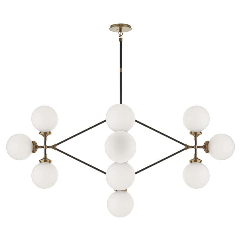 Bistro Four Arm Chandelier in Hand-Rubbed Antique Brass and Black with White Glass
