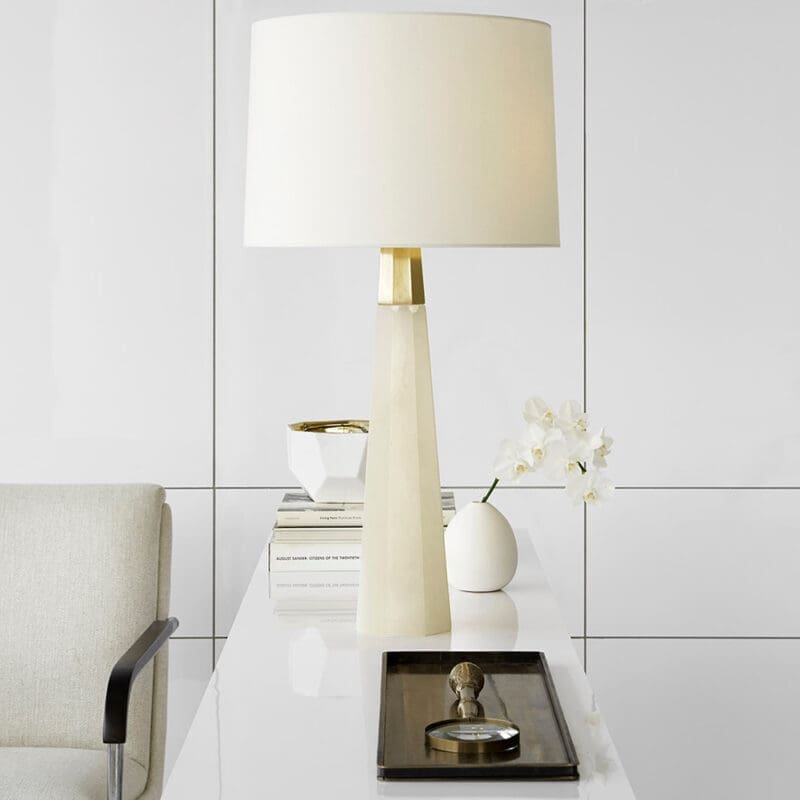 Olsen Table Lamp in Crystal and Hand-Rubbed Antique Brass with Linen Shade